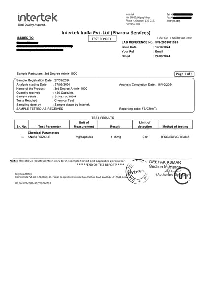 ARIMIX-1000 : ANASTROZOLE or Arimidex Powerful anti Estrogen for PCT and Cycle Support.